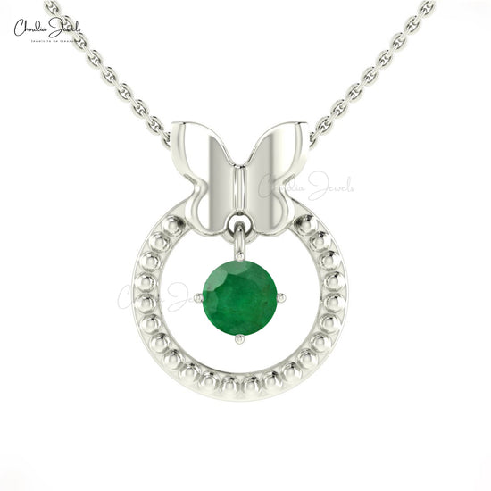 Load image into Gallery viewer, Unique Solid 14k Gold Butterfly Eternity Pendant with Solitaire Emerald
