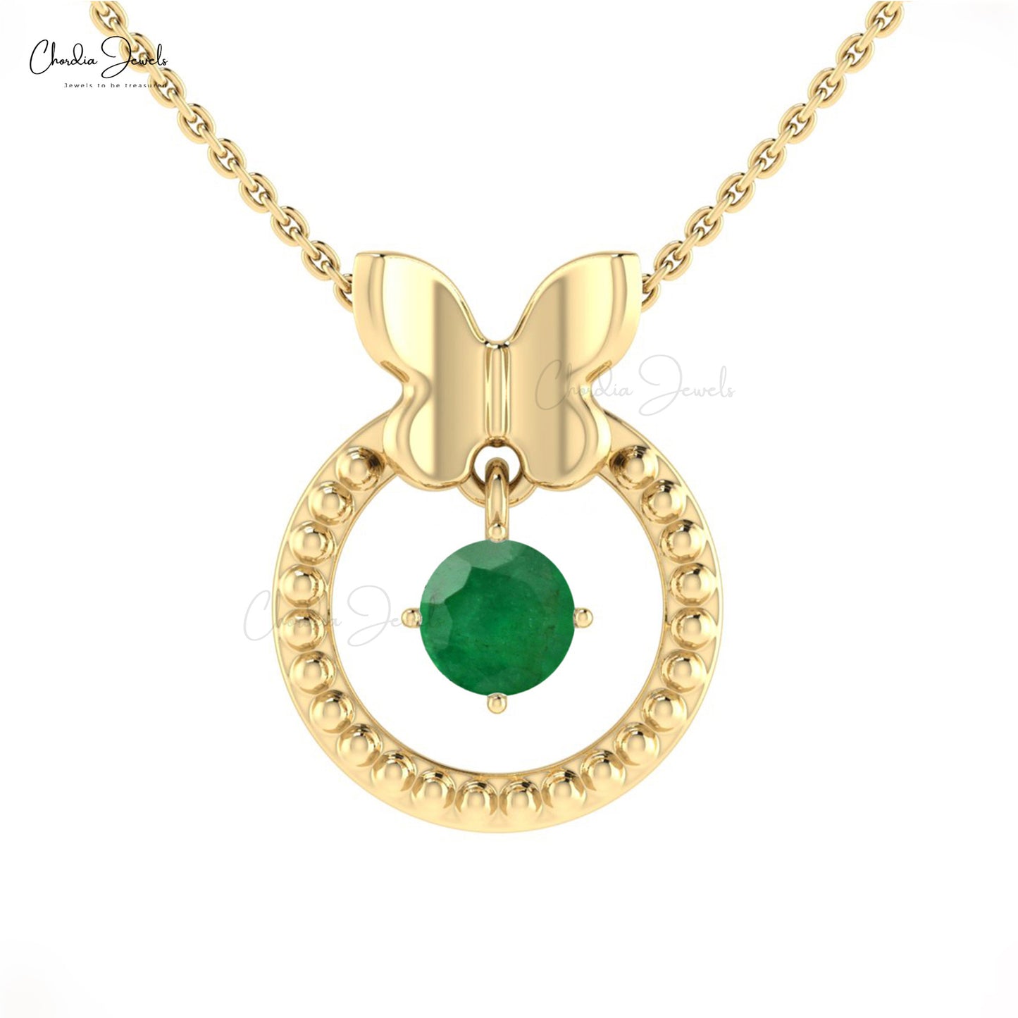 Dangling Stone Butterfly Pendant Genuine Emerald Gemstone 14k Solid Gold Milgrain Pendant