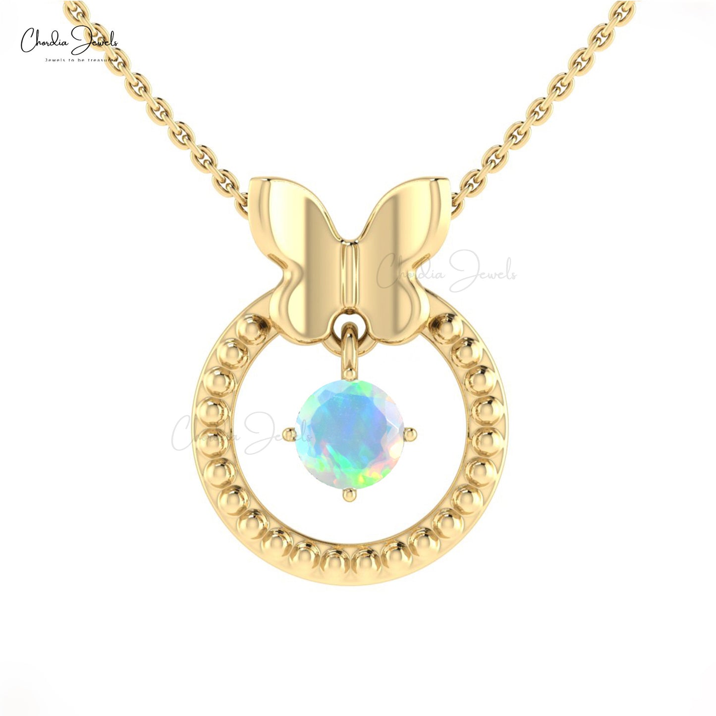 Load image into Gallery viewer, 14k Solid Gold Round Opal Butterfly Design Milgrain Pendant
