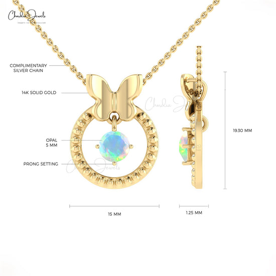 Load image into Gallery viewer, 14k Solid Gold Round Opal Butterfly Design Milgrain Pendant
