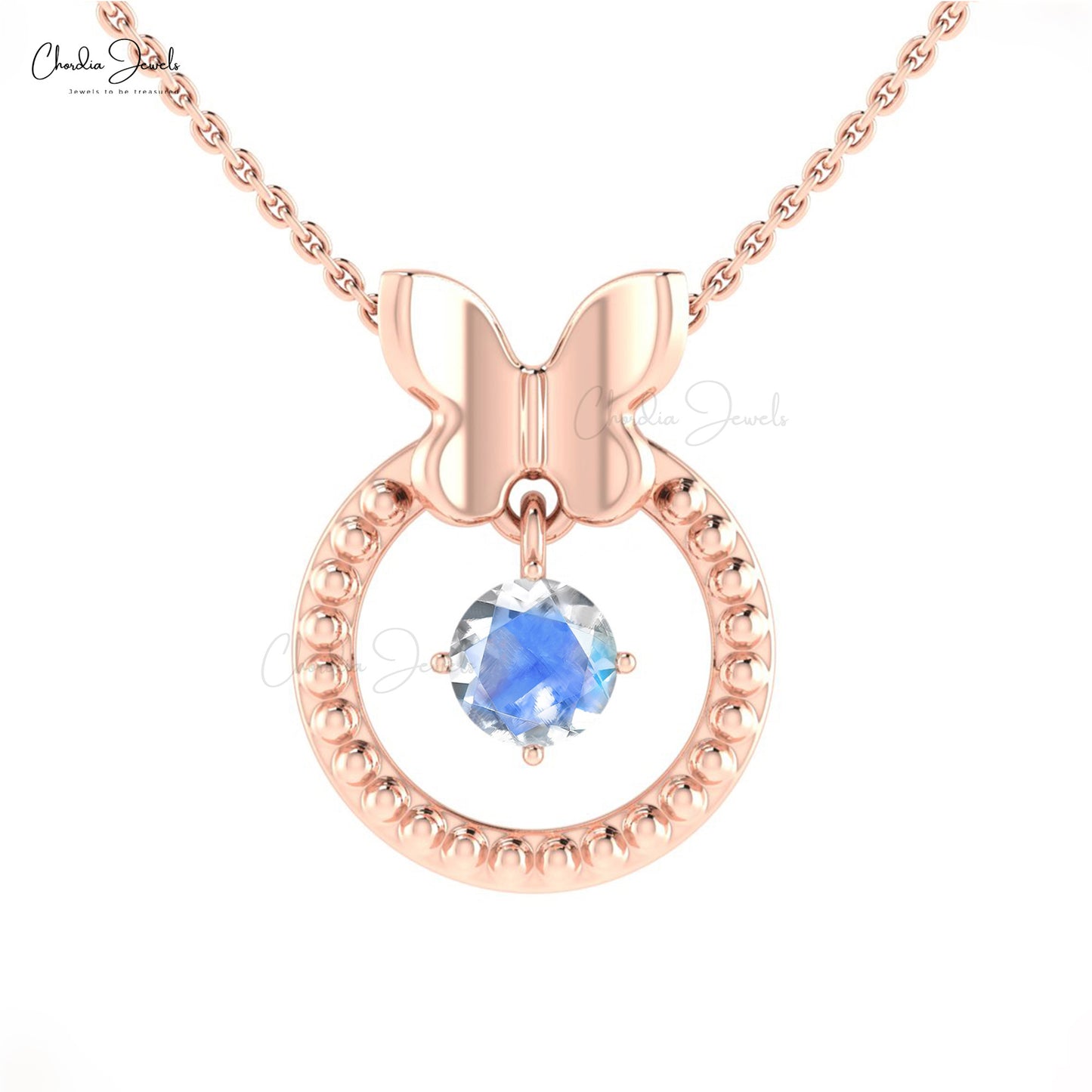 Dangling Single Stone Pendant In 14k Solid Gold Rainbow Moonstone Milgrain Necklace