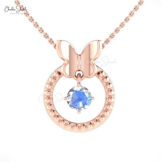 Dangling Single Stone Pendant In 14k Solid Gold Rainbow Moonstone Milgrain Necklace