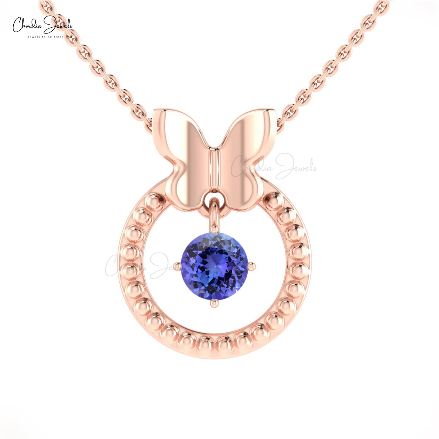 Genuine Tanzanite Dangling Stone Pendant 5mm Round Gemstone Milgrain Pendant 14k Solid Gold Hallmarked Jewelry For Gift