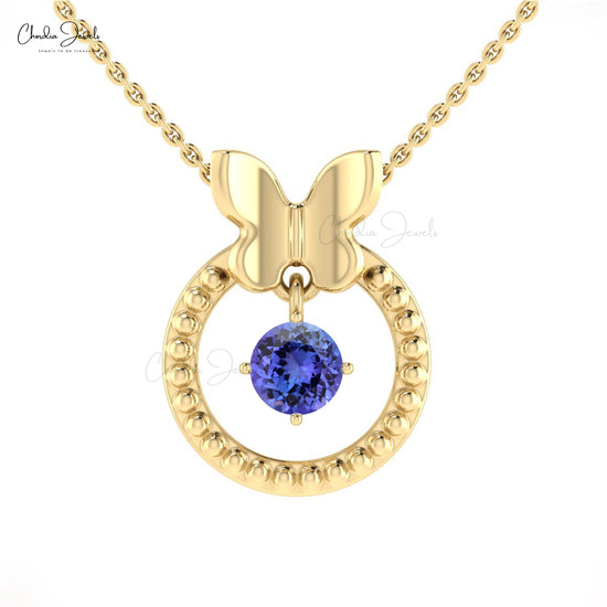 Genuine Tanzanite Dangling Stone Pendant 5mm Round Gemstone Milgrain Pendant 14k Solid Gold Hallmarked Jewelry For Gift