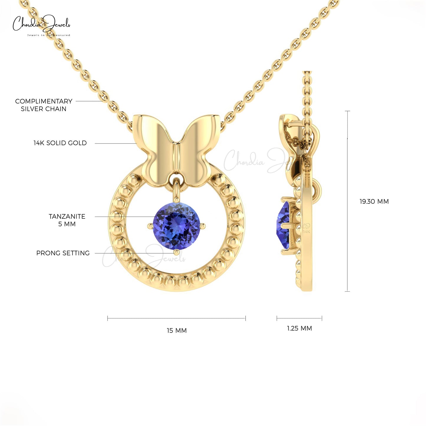 Genuine Tanzanite Dangling Stone Pendant 5mm Round Gemstone Milgrain Pendant 14k Solid Gold Hallmarked Jewelry For Gift