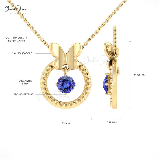 Genuine Tanzanite Dangling Stone Pendant 5mm Round Gemstone Milgrain Pendant 14k Solid Gold Hallmarked Jewelry For Gift