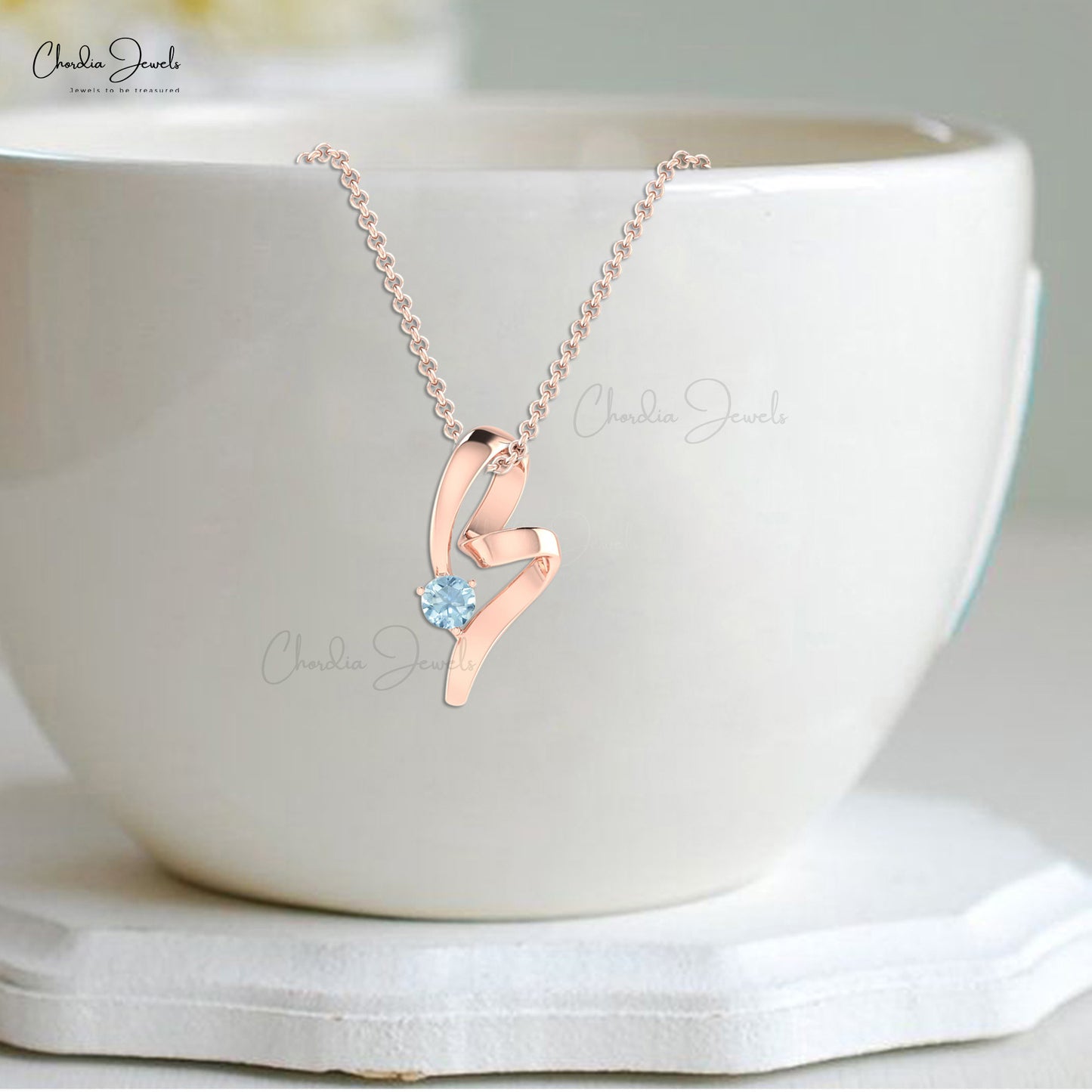 Brilliant Cut Curved Pendant In 14k Solid Gold Aquamarine 5mm Gemstone Everyday Pendants