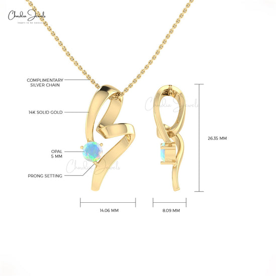 14k Solid Gold Round Shaped Genuine Opal Twisted Pendant