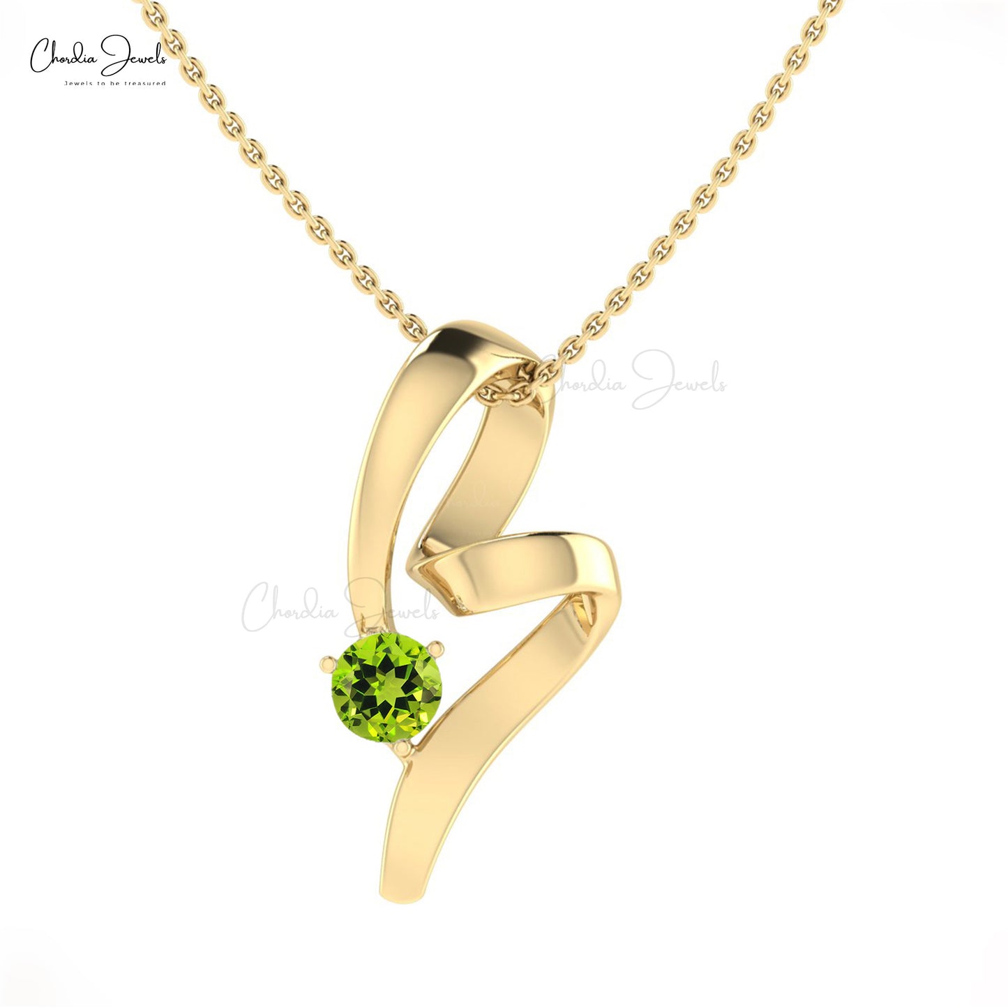 Solitaire Curved Women Pendant In 14k Solid Gold Peridot 5mm Gemstone Twisted Pendants