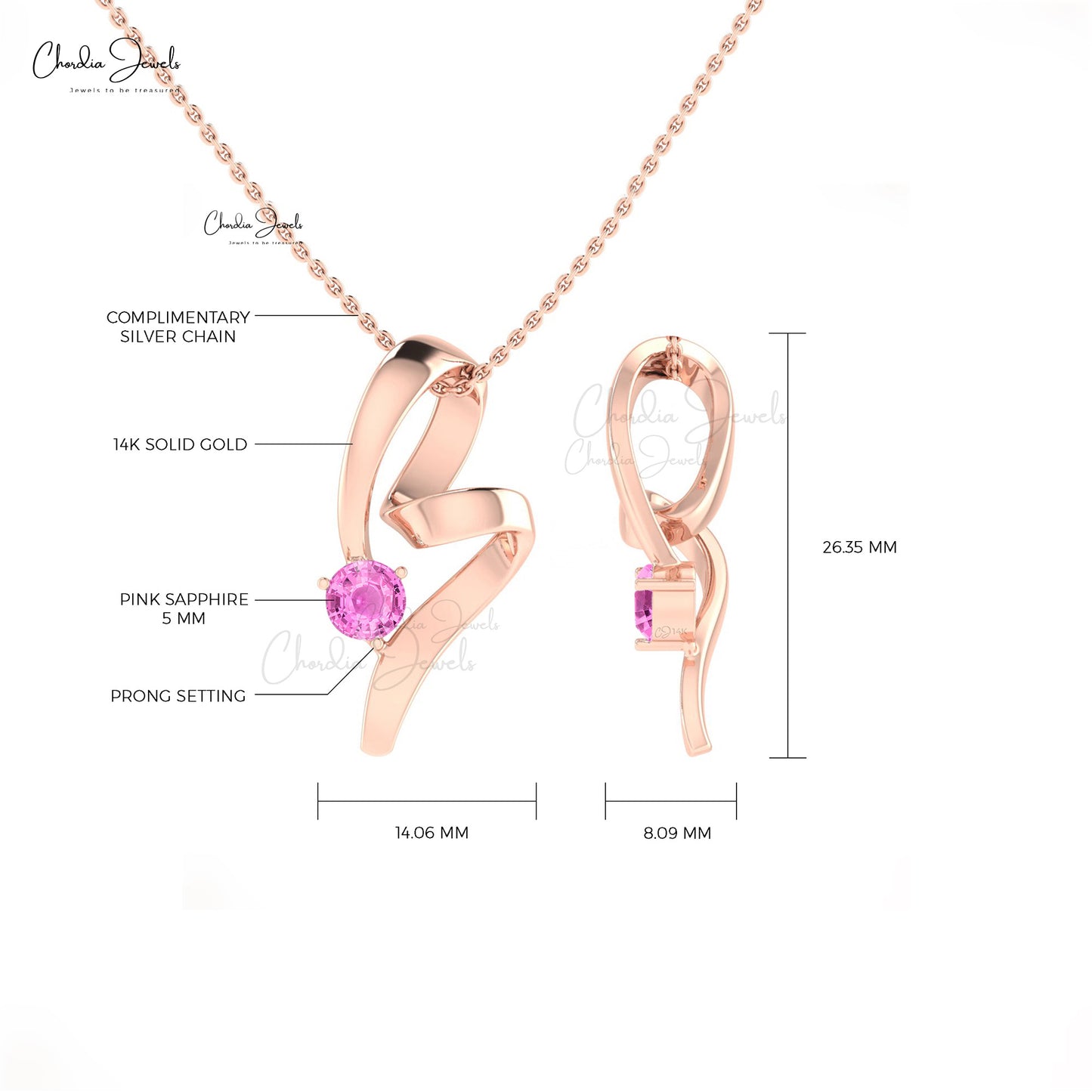 Delicate Twisted Women Pendant With Pink Sapphire Gemstone