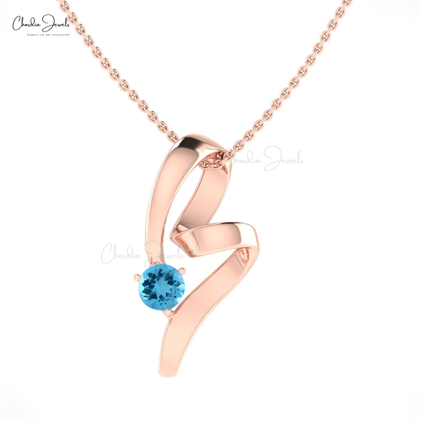 Round Cut Solitaire Swiss Blue Topaz 14k Gold Twisted Pendant