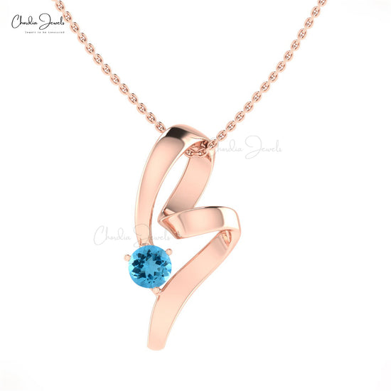 Round Cut Solitaire Swiss Blue Topaz 14k Gold Twisted Pendant
