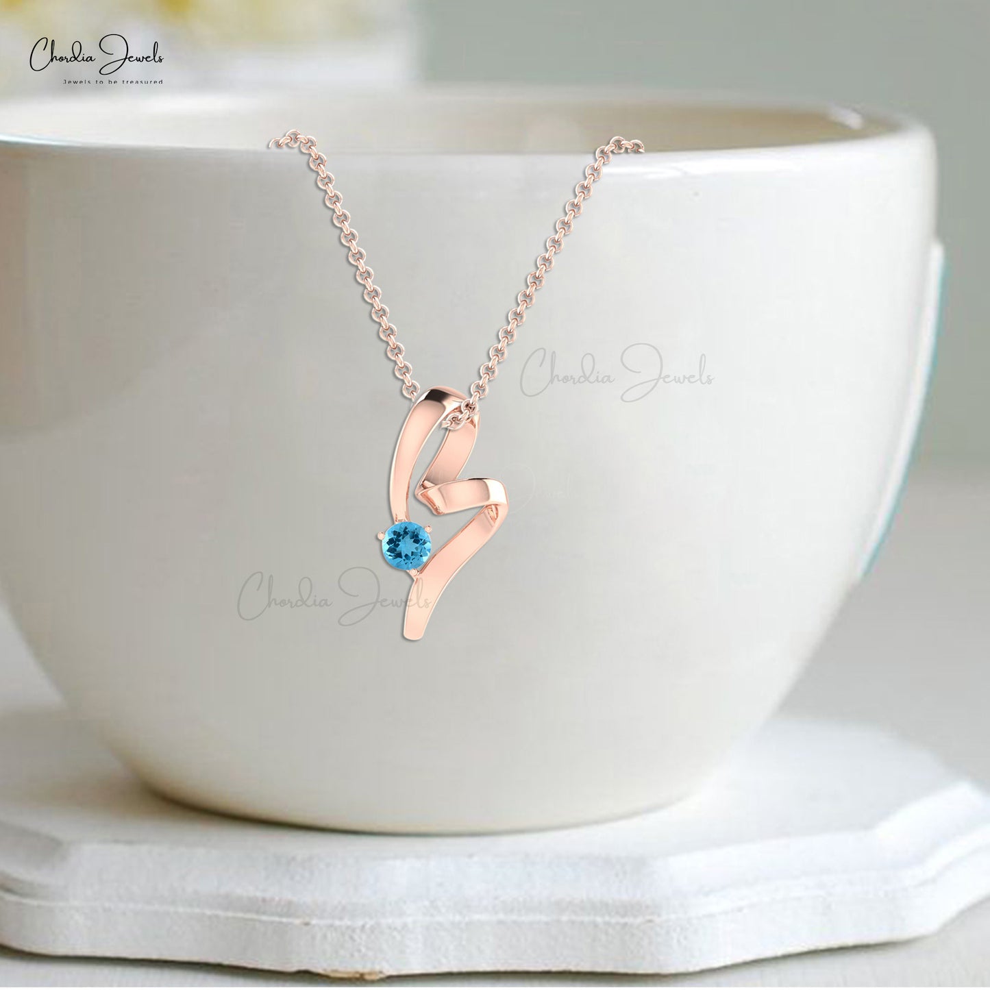 Round Cut Solitaire Swiss Blue Topaz 14k Gold Twisted Pendant