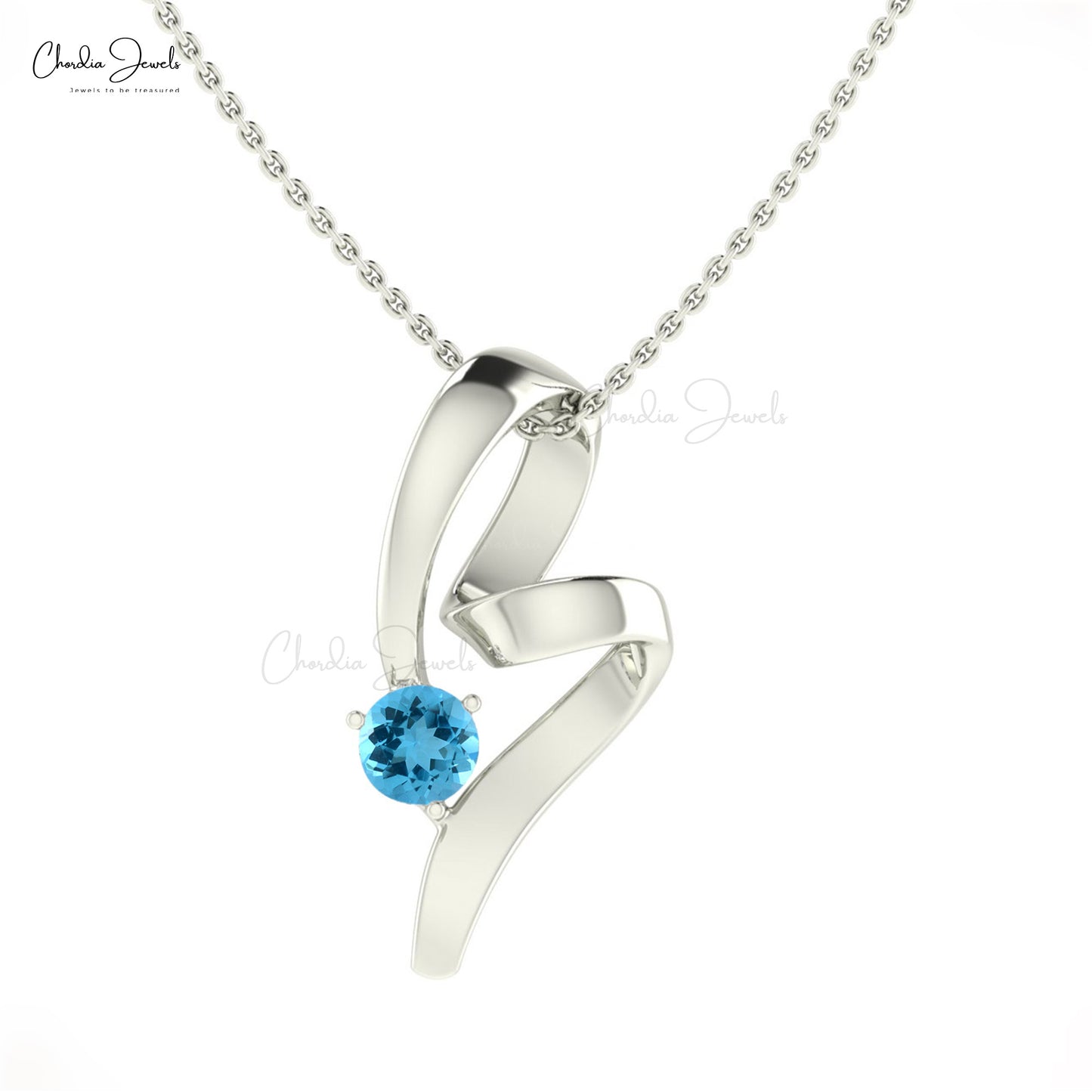 Round Cut Solitaire Swiss Blue Topaz 14k Gold Twisted Pendant
