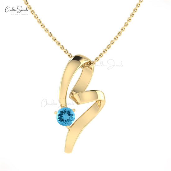 Round Cut Solitaire Swiss Blue Topaz 14k Gold Twisted Pendant