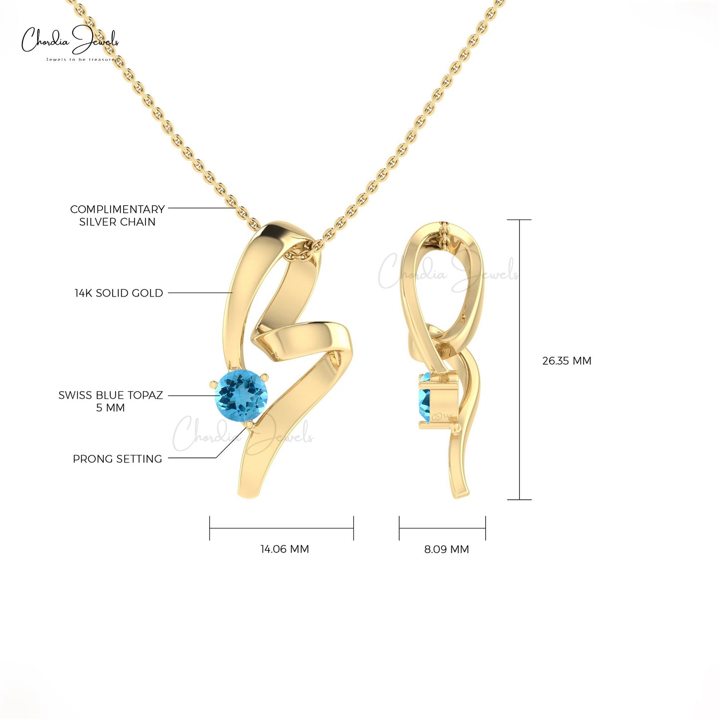 Round Cut Solitaire Swiss Blue Topaz 14k Gold Twisted Pendant