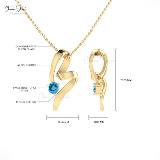Load image into Gallery viewer, Round Cut Solitaire Swiss Blue Topaz 14k Gold Twisted Pendant

