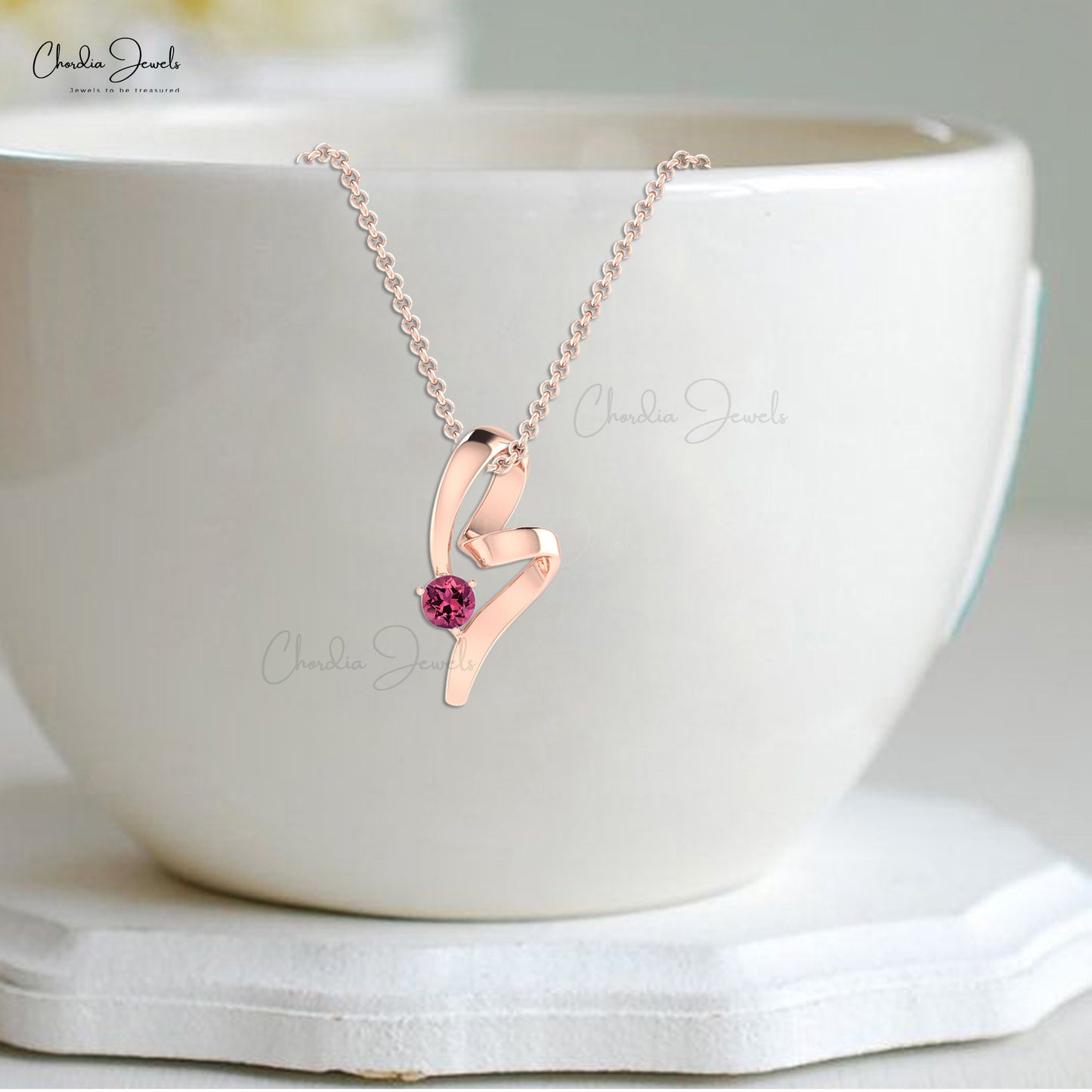 Brilliant Round Cut Pink Tourmaline 14k Gold Twisted Pendant