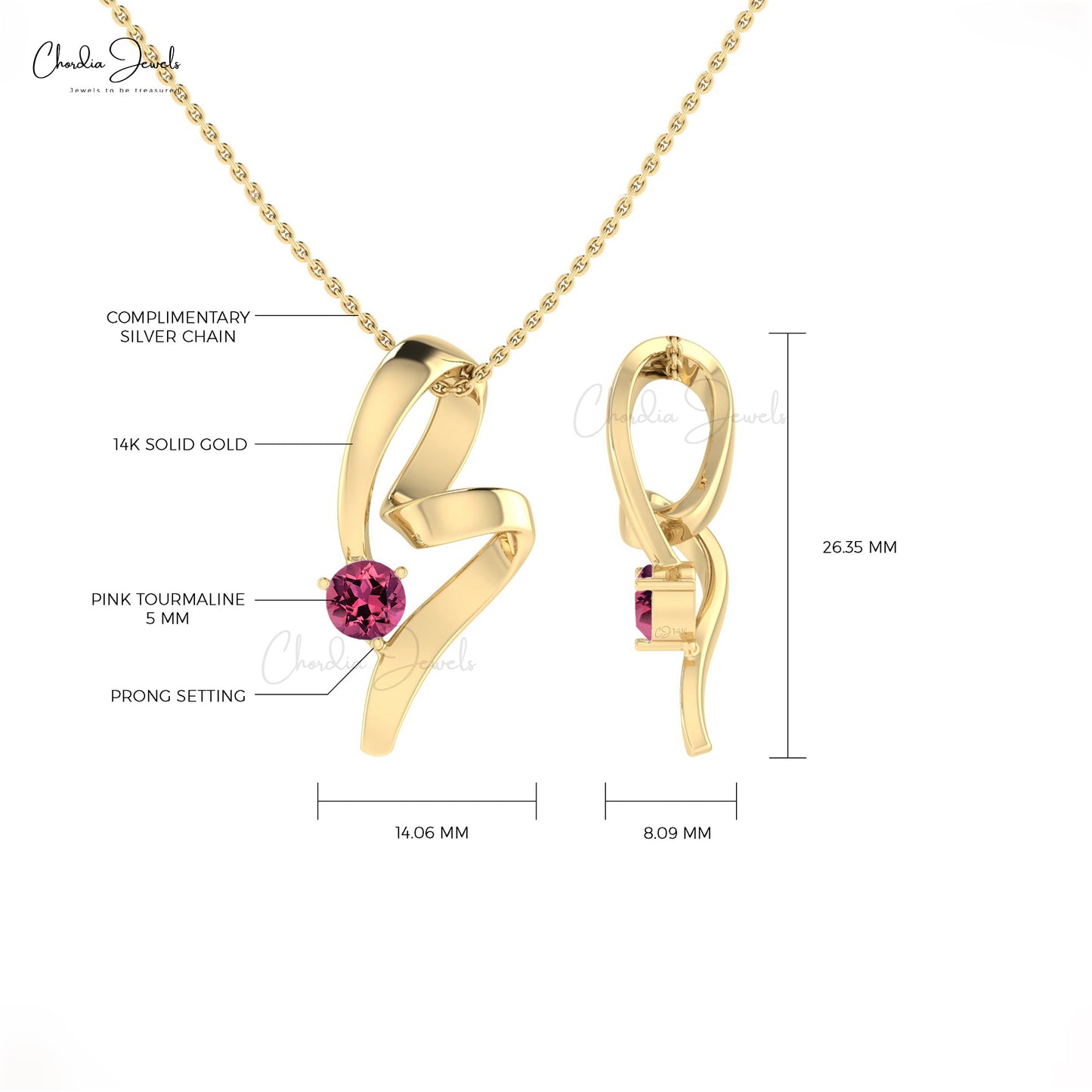 Brilliant Round Cut Pink Tourmaline 14k Gold Twisted Pendant