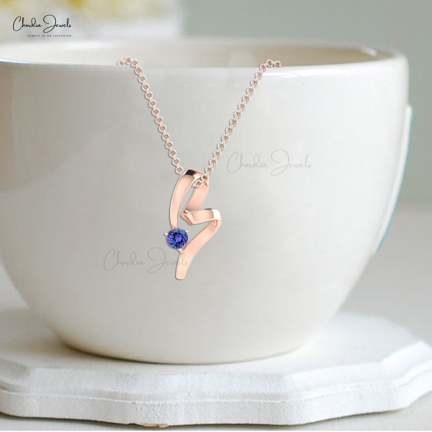 Trendy Stylish 5mm Round Cut Natural Tanzanite Twisted Pendant Necklace 14k Solid Gold Light Weight Jewelry For Birthday Gift