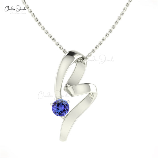 Trendy Stylish 5mm Round Cut Natural Tanzanite Twisted Pendant Necklace 14k Solid Gold Light Weight Jewelry For Birthday Gift