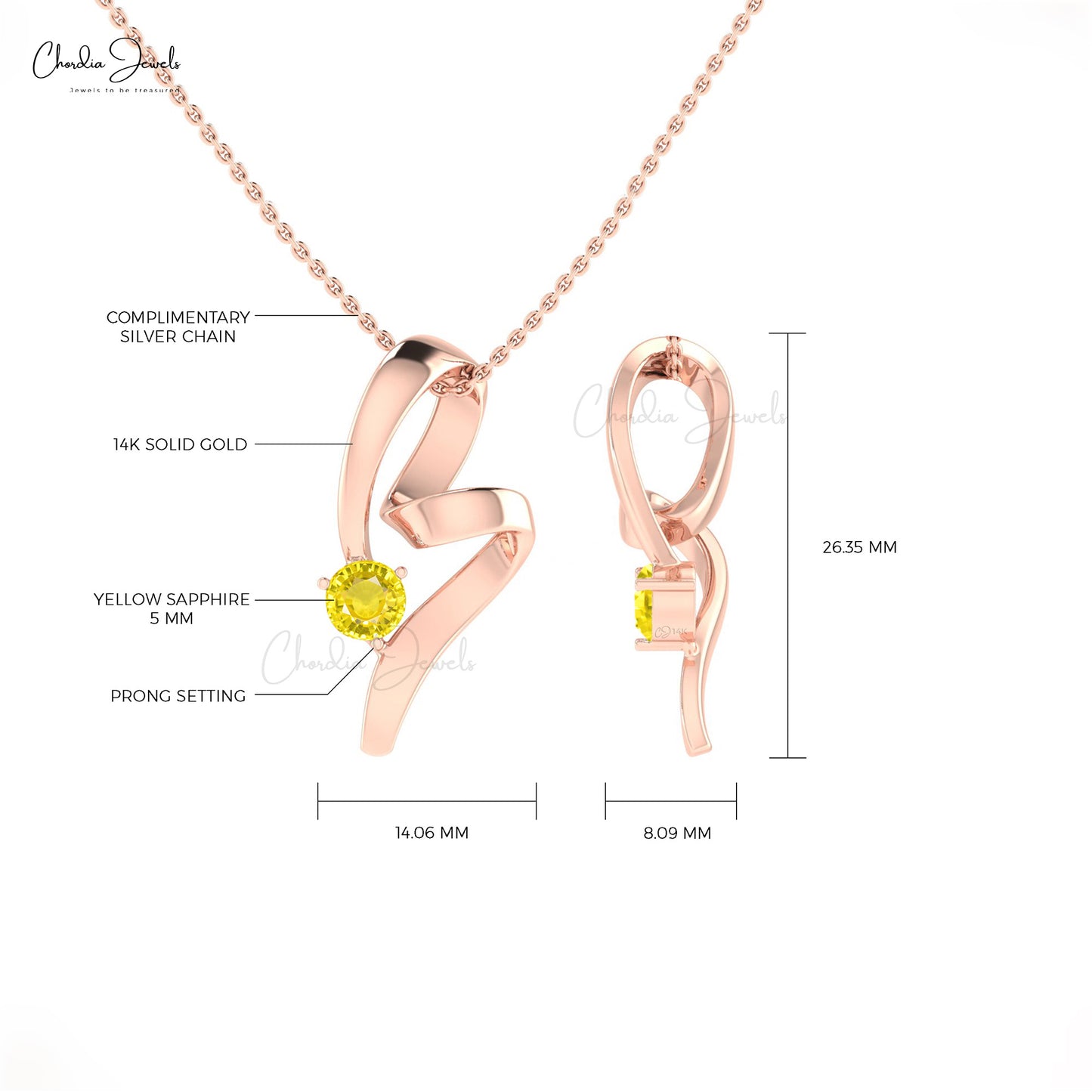 14k Solid Gold Round Natural Yellow Sapphire Twisted Pendant
