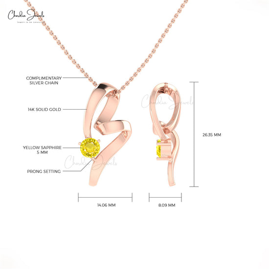 14k Solid Gold Round Natural Yellow Sapphire Twisted Pendant