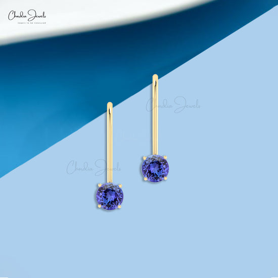 AAA Quality 0.98 Ct December Birthstone Gemstone Genuine Tanzanite Dangling Earrings 14k Solid Gold Prong Set Hallmarked Jewelry For Women