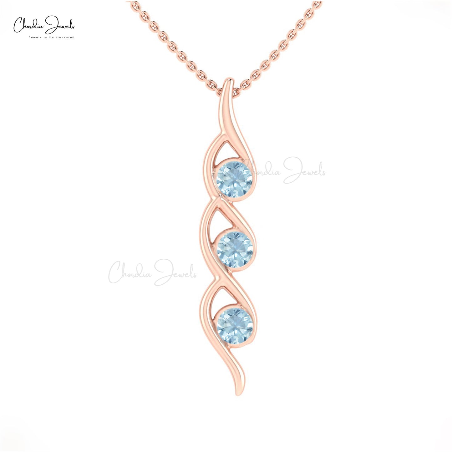 Authentic Aquamarine 14k Gold Twisted Three-Stone Pendant