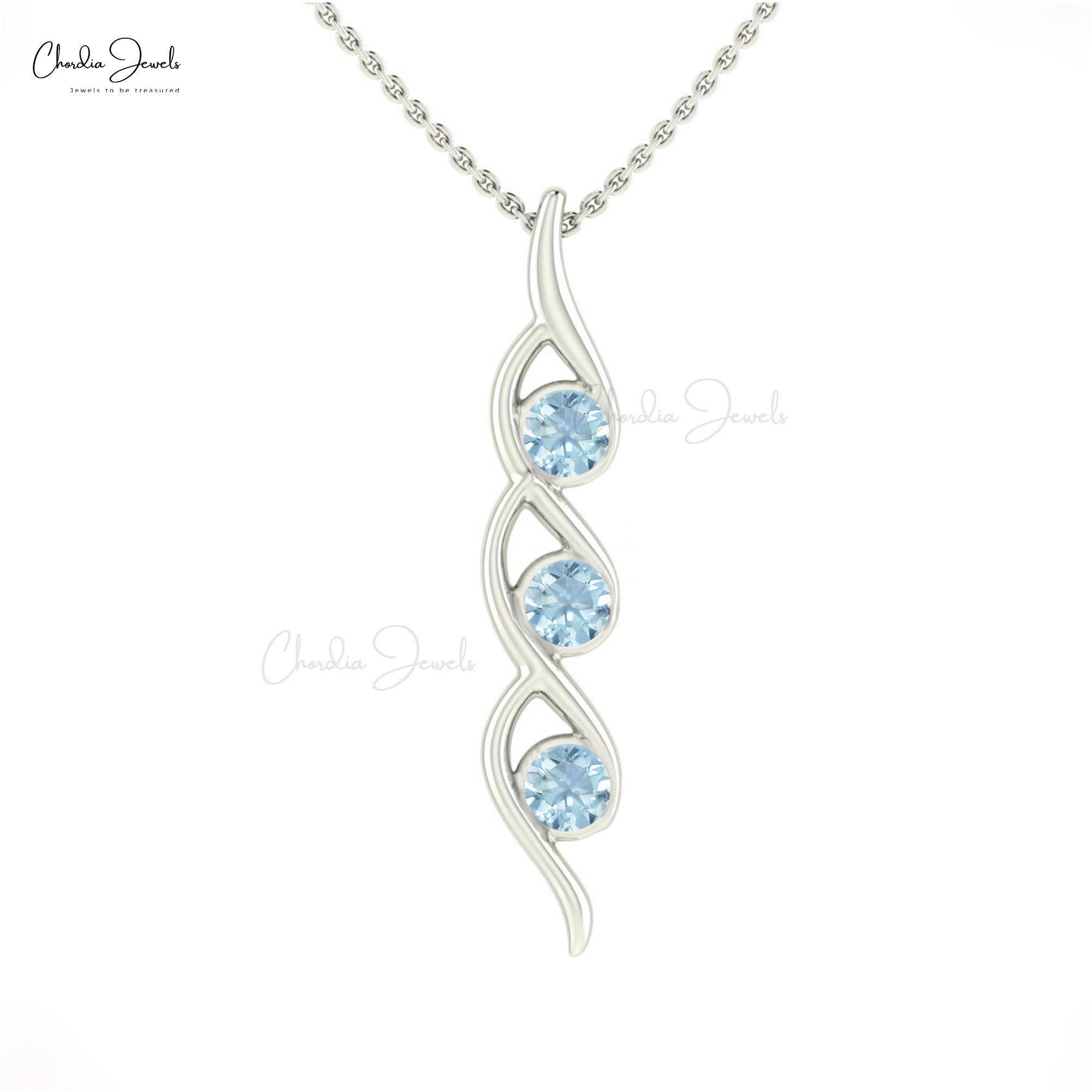 Authentic Aquamarine 14k Gold Twisted Three Stone Pendant