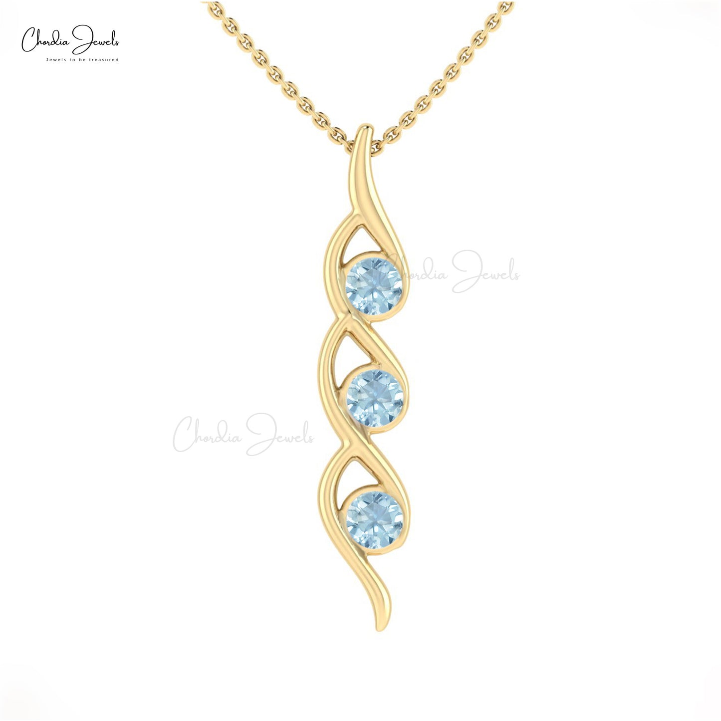 Authentic Aquamarine 14k Gold Twisted Three-Stone Pendant