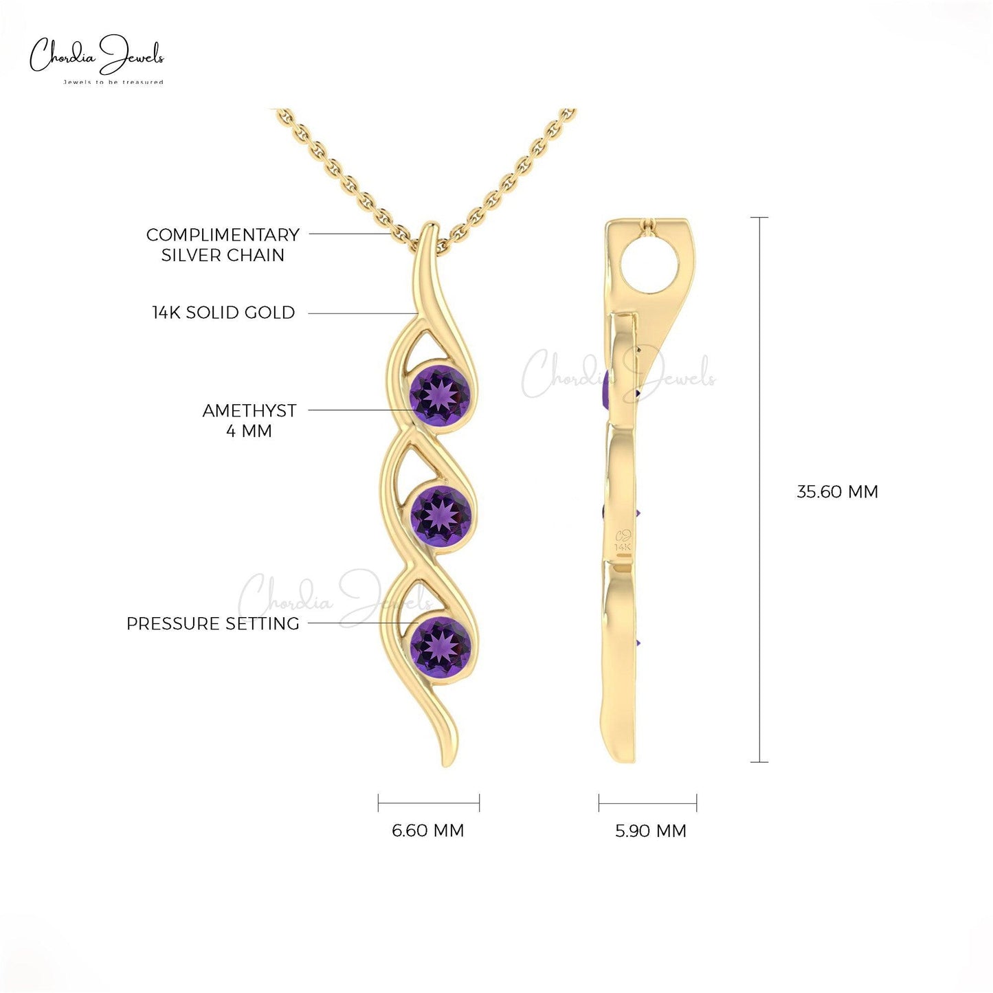 0.66 Carat Natural Amethyst Pendant, 14k Solid Gold 3 Stone Pendant, February Birthstone Pendant Gift for Wife - Chordia Jewels