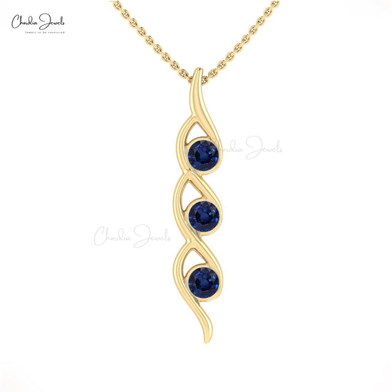 Load image into Gallery viewer, Natural Blue sapphire Twisted Pendant, 14k Solid Gold Handmade Pendant, 4mm Round Faceted 3 Stone Pendant Gift for Her
