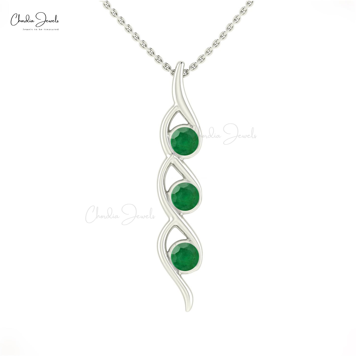 Stunning Three Stone Twisted Pendant Genuine Emerald Gemstone 14k Real Gold Delicate Pendant