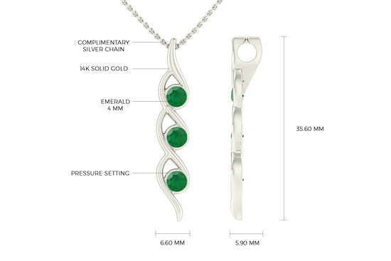 Stunning Three Stone Twisted Pendant Genuine Emerald Gemstone 14k Real Gold Delicate Pendant