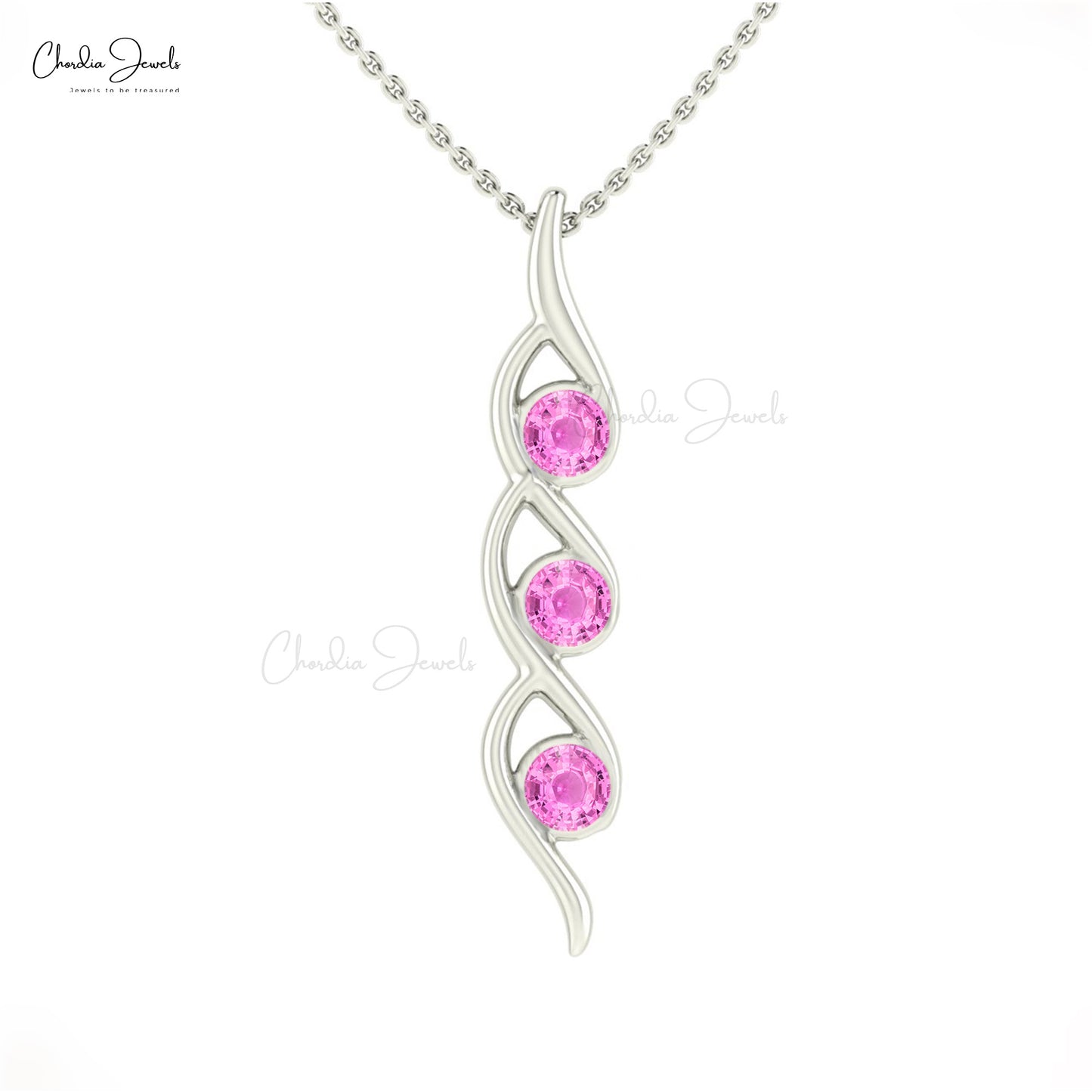 Brilliant Round Cut Three Stone Pink Sapphire Twisted Pendant