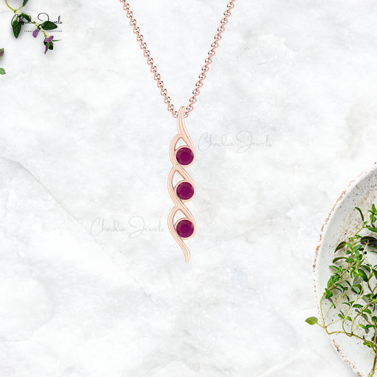 Three-Stone Round Cut Natural Ruby Twisted Pendant