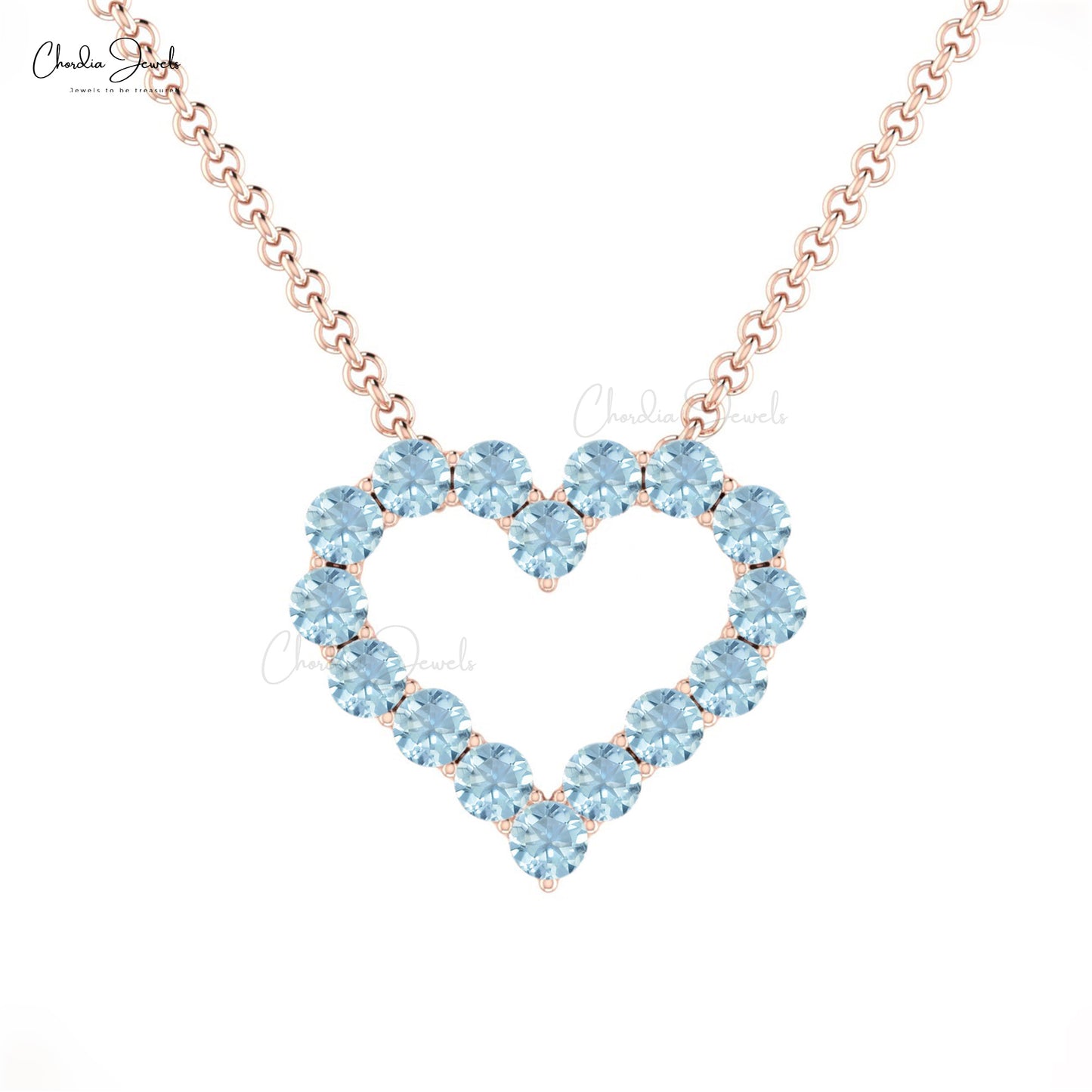 Classical Design Open Heart Charms Necklace Pendant Genuine Aquamarine Round Gemstone Necklace in 14k Solid Gold Gift For Her