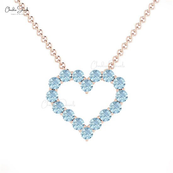 Classical Design Open Heart Charms Necklace Pendant Genuine Aquamarine Round Gemstone Necklace in 14k Solid Gold Gift For Her