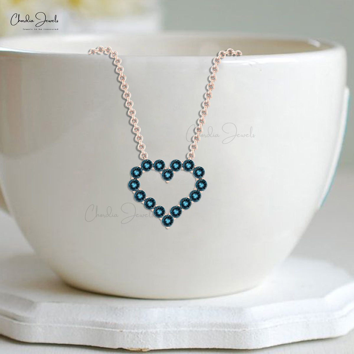 Natural 2mm London Blue Topaz Heart Necklace Set in 14k Solid Gold