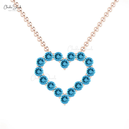 Trendy Round Gemstone Necklace in 14k Solid Gold Genuine Swiss Blue Topaz Heart Shape Necklace Pendant Bridesmaid Gift