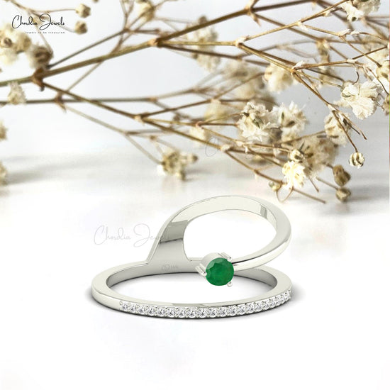 Dainty Curvey Ring With Emerald Gemstone 14k Solid Gold Diamond Accented Unique Ring For Gift