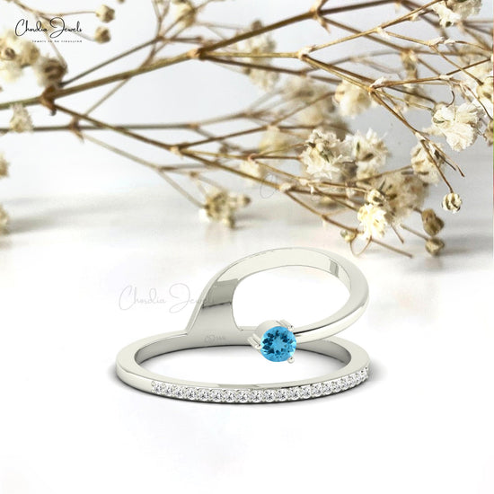 Round Swiss Blue Topaz Ring With Tiny White Diamonds