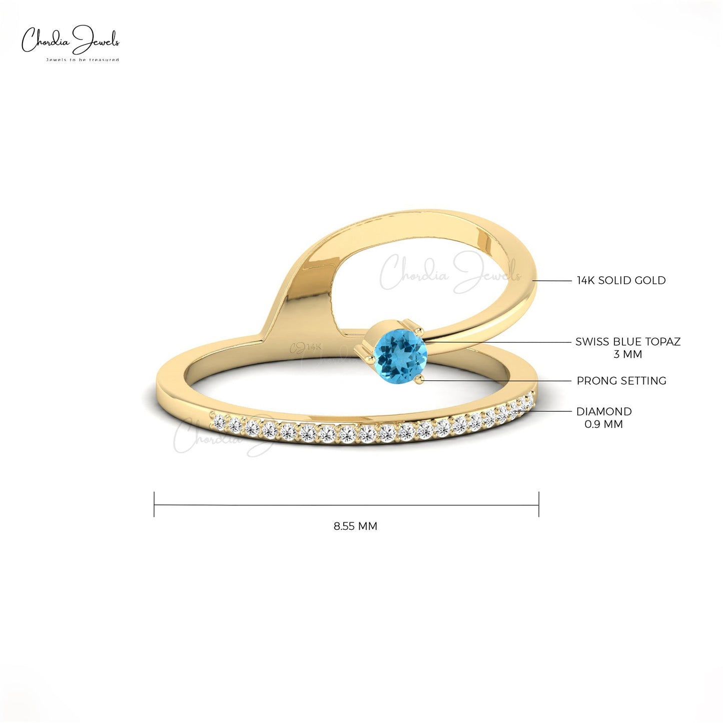 Round Swiss Blue Topaz Ring With Tiny White Diamonds