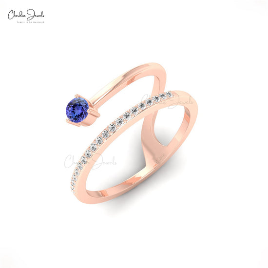 Load image into Gallery viewer, Dainty Stackable Ring With Genuine Tanzanite 14K Solid Gold Diamond Accents Curved Ring

