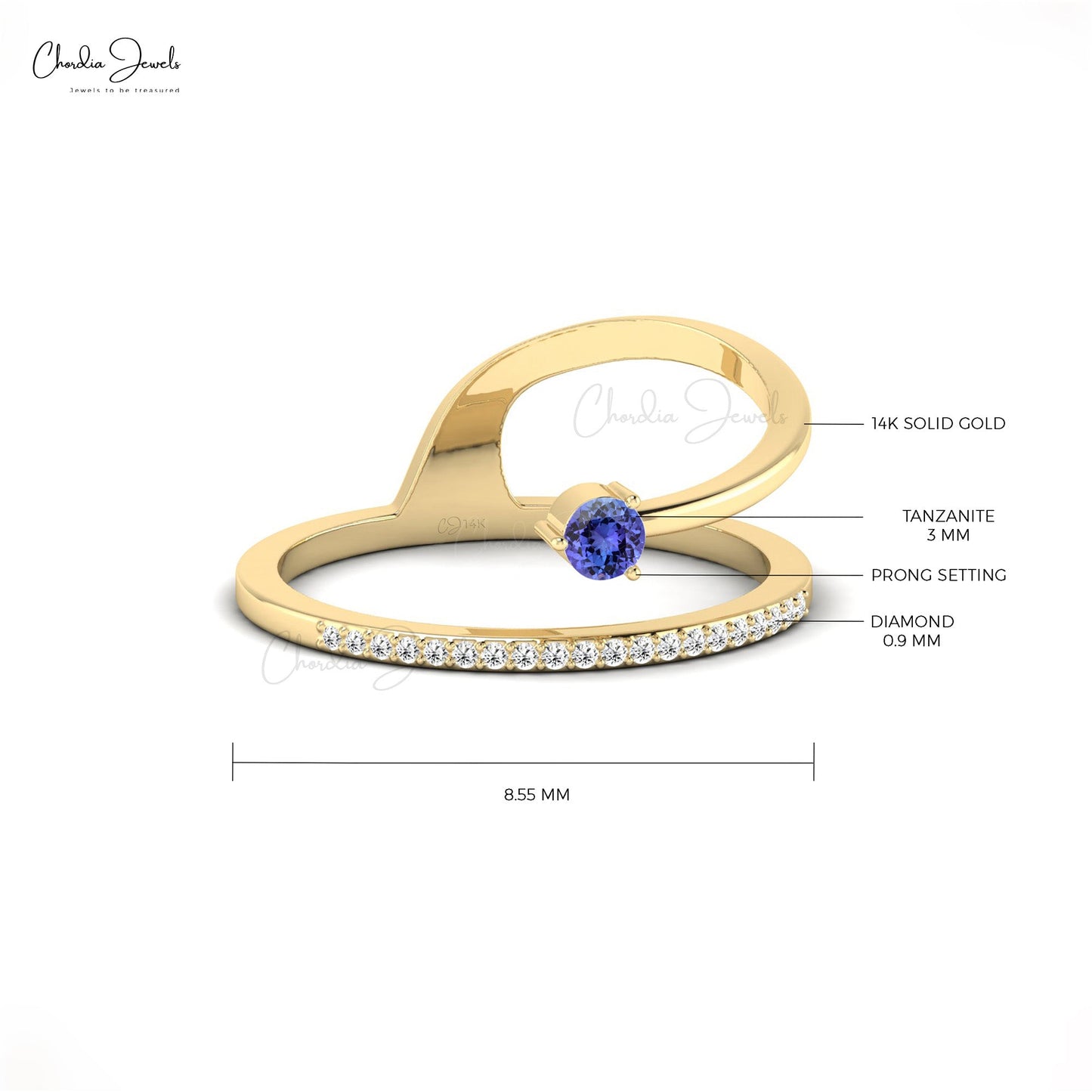 Dainty Stackable Ring With Genuine Tanzanite 14K Solid Gold Diamond Accents Curved Ring