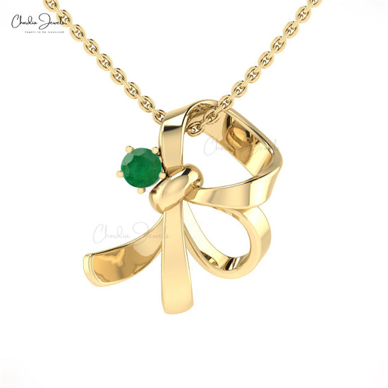 Single Stone Knot Pendant With Emerald Gemstone 14k Real Gold Prong Set Handcrafted Pendant