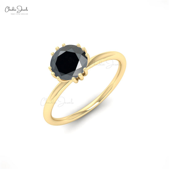 14k Solid Gold Natural Black Diamond Solitaire Ring For Engagement, Solitaire Black Diamond Rings, Gift For