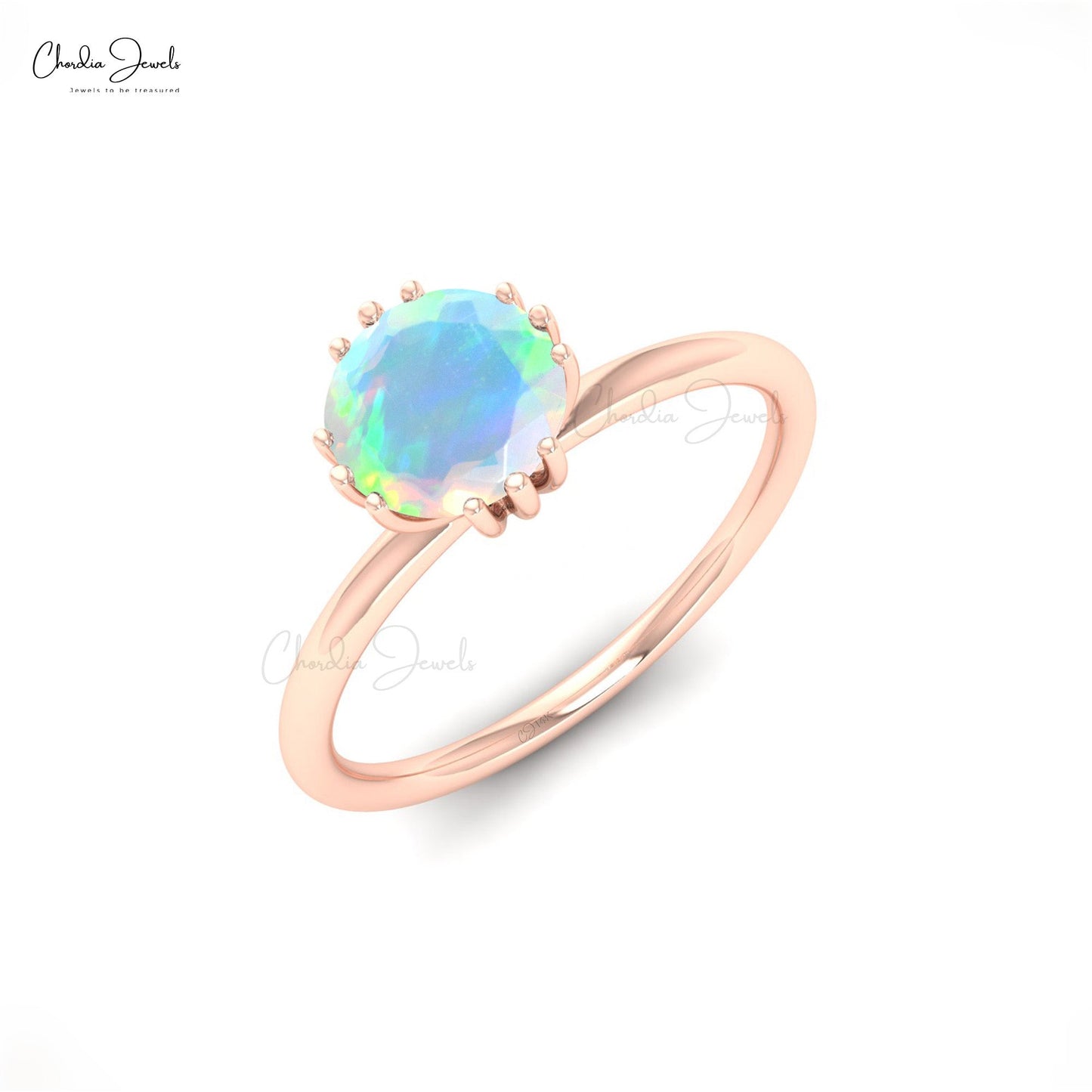 14k Solid Gold Round Opal Engagement Ring
