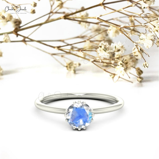 True Beauty 14k Gold White Rainbow Moonstone Solitaire Ring